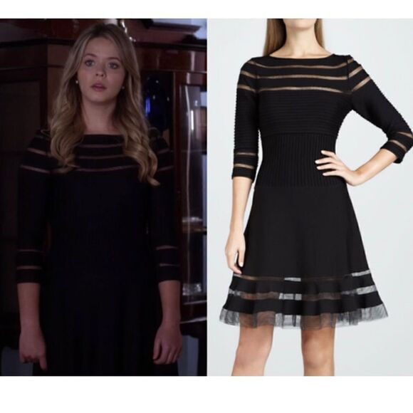 Tadashi Shoji Mesh Illusion Stripe Fit &
Flare Dress Black 3/4 Sleeves Size XS - Picture 16 of 16